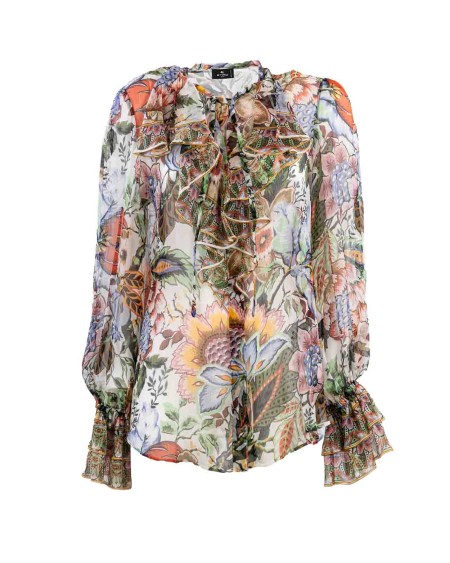 Shop ETRO  Shirt: Etro shirt in silk crepe de chine.
Rouches.
100% silk.
Oversized fit.
Ribbon at the neck and ruffles.
Long sleeves with double flounce.
Made in Italy.. WRIA0015 99SP147-X0800